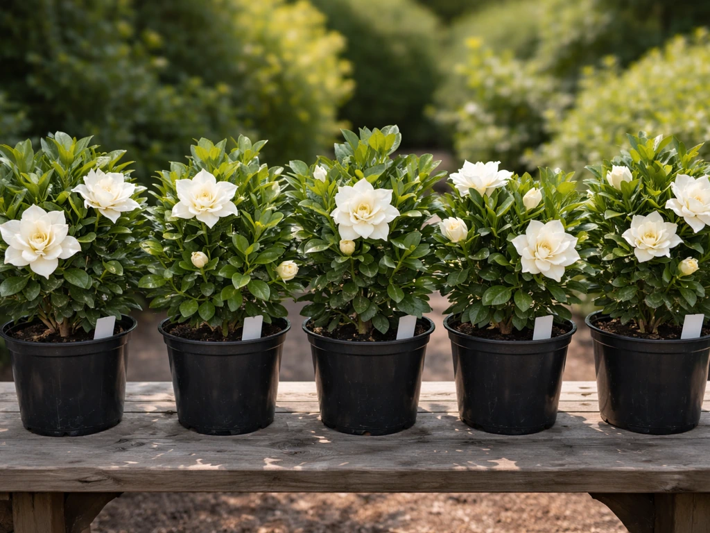 Row of potted gardenia plants with glossy leaves and white blossoms in a simple garden setting