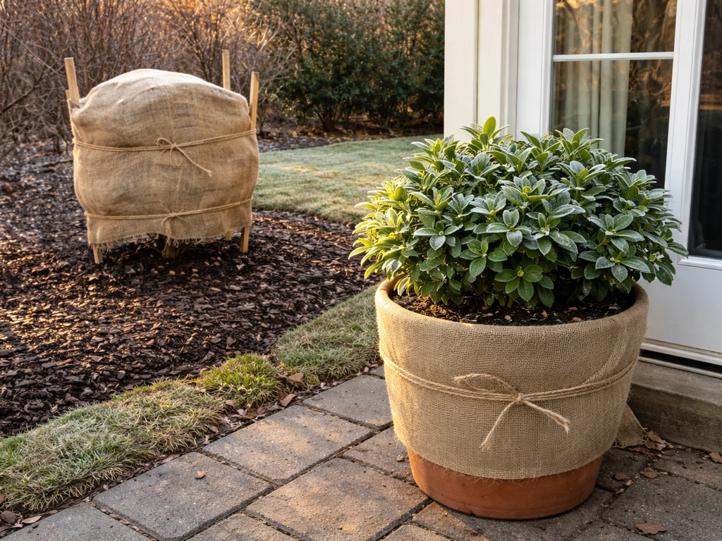 Potted gardenia brought indoors and a gardenia wrapped in burlap with mulch for NJ winter protection.