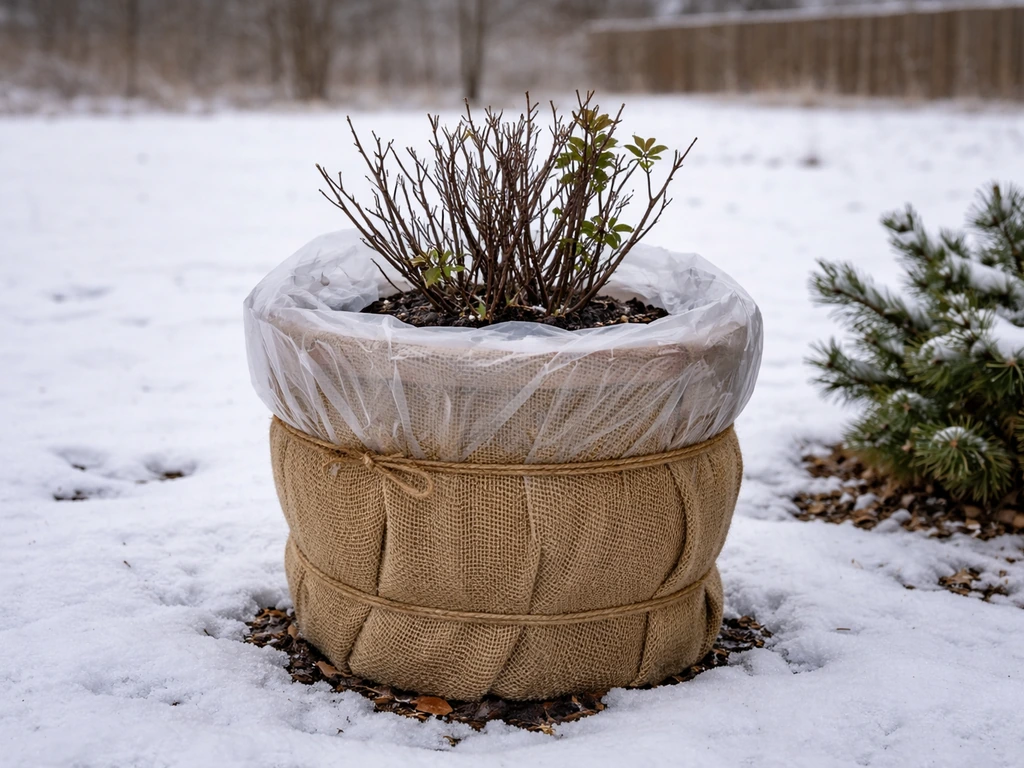 A winter-protected container gardenia in cold weather, wrapped for Minnesota winter with dormant stems.