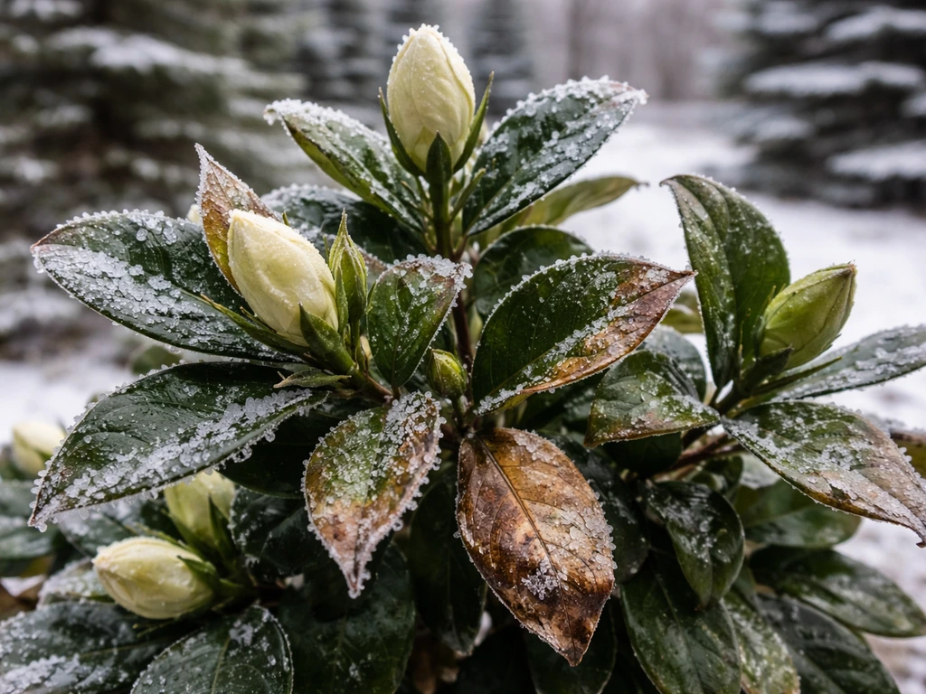 Gardenia leaves and buds with frost and ice damage in a cold Minnesota winter landscape