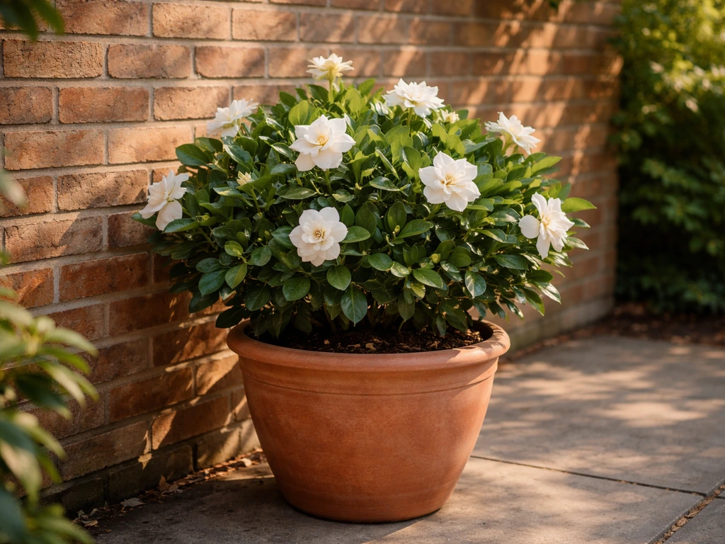 Potted gardenia on a patio beside a warm brick wall in summer light