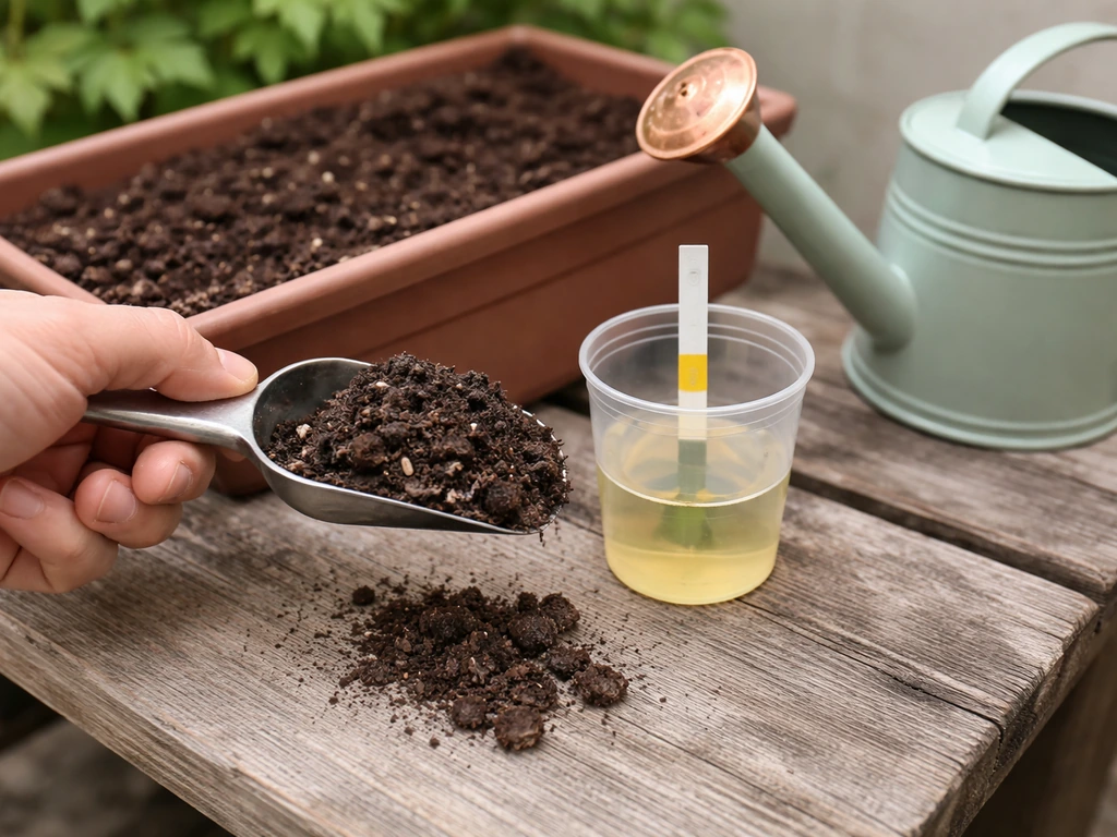 Hand holding an acid soil mix scoop beside a pH test strip and watering can for gardenias