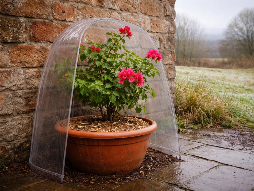 Bougainvillea in a large container against a south-facing wall in rainy, frosty Scottish weather with winter protection.