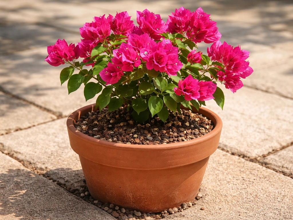 Healthy bougainvillea in a terracotta pot with vivid bracts, shown in bright sun with well-draining soil.