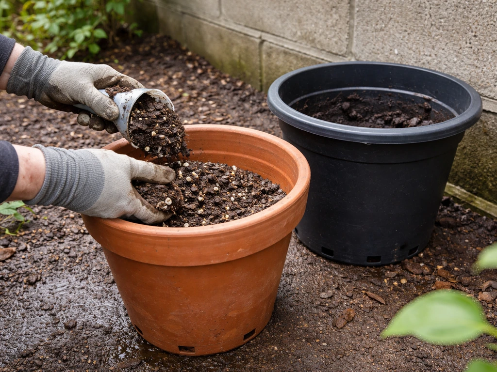 Bougainvillea container setup in Scotland: large pot with drainage holes and potting mix being prepared