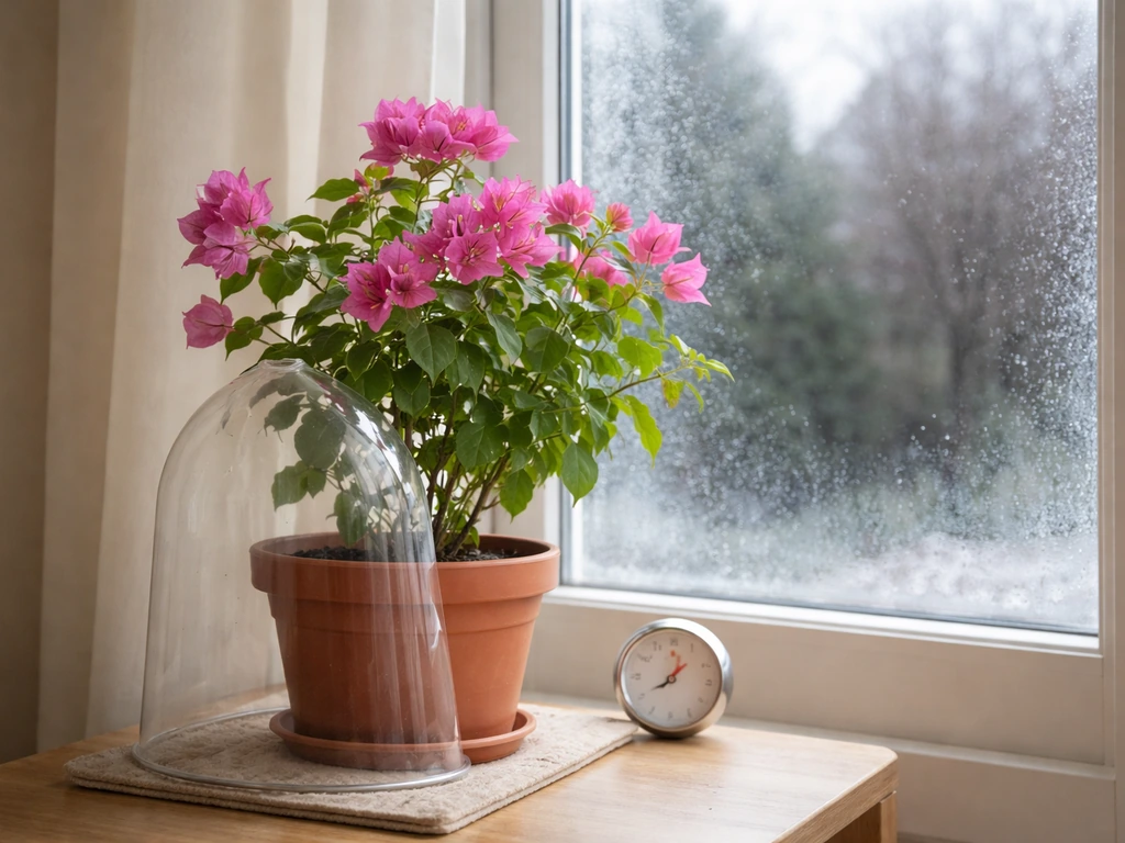 Potted bougainvillea indoors near a bright window with protective cover and visible thermometer dial.