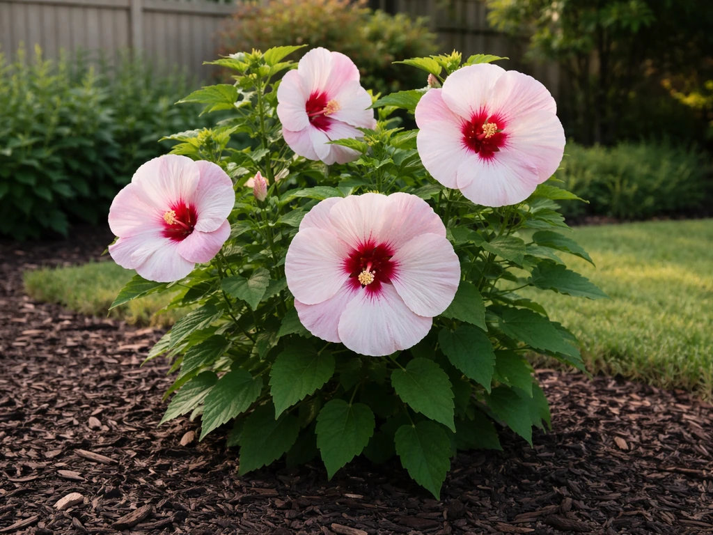Hardy hibiscus with large pink blooms thriving in an Illinois garden bed in natural morning light.