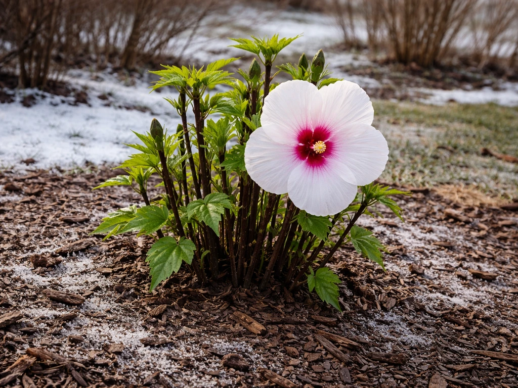 Hardy rose mallow hibiscus with new growth and one pale bloom in a cold, early-spring garden bed.