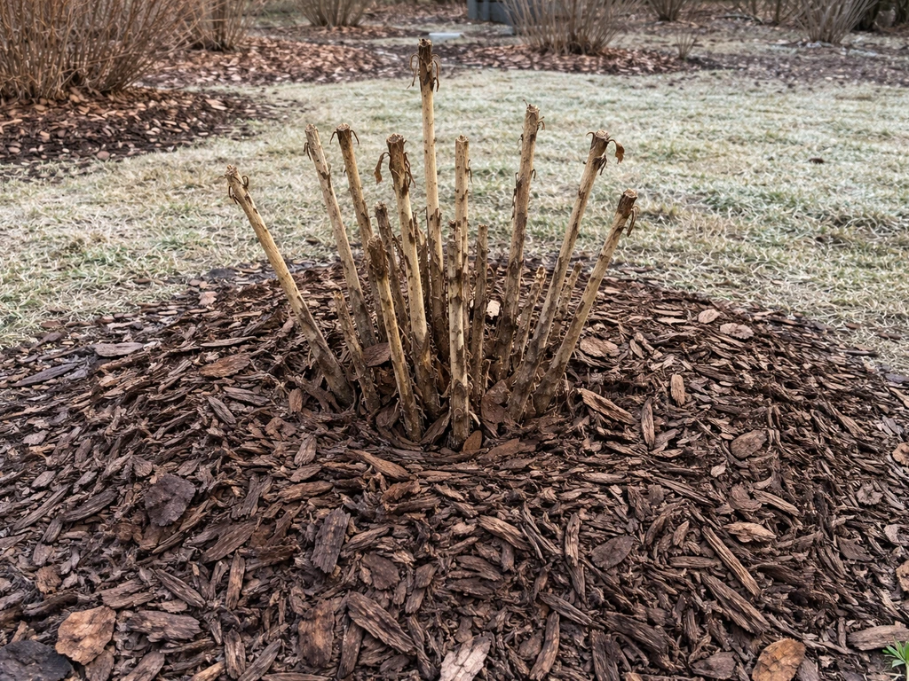 Hibiscus crown covered with a 4–6 inch mulch layer after winter dieback