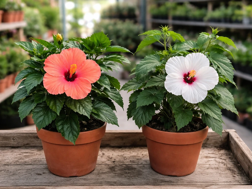 Two potted hibiscus plants side-by-side at a garden center, showing tropical vs hardy differences.