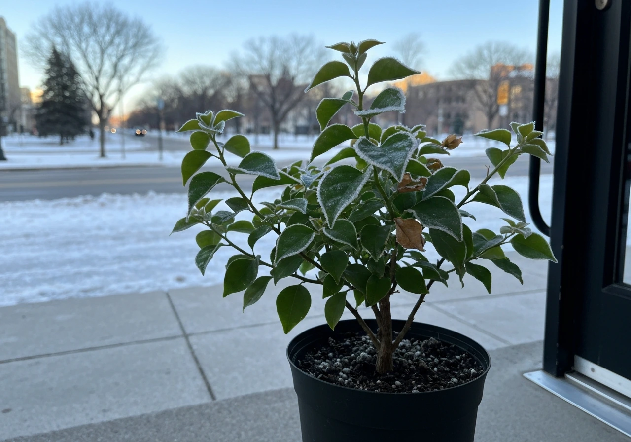 Bougainvillea plant with light cold damage beside a snowy street backdrop, showing winter risk