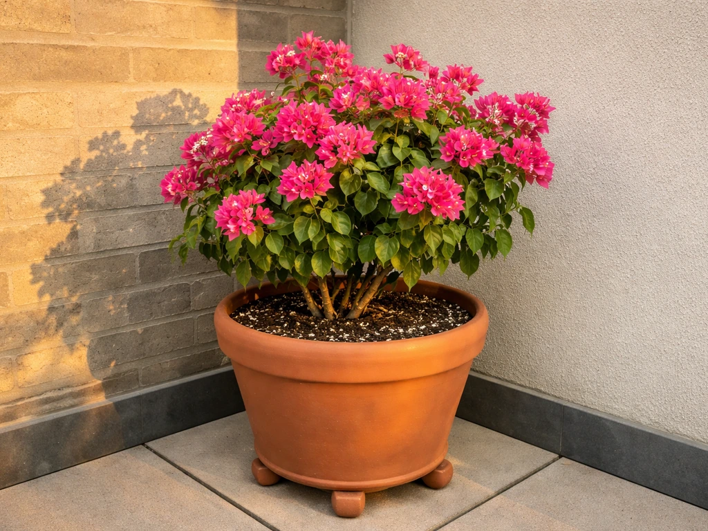 Bougainvillea in a large pot with drainage, placed in a sunny patio corner by a wall.