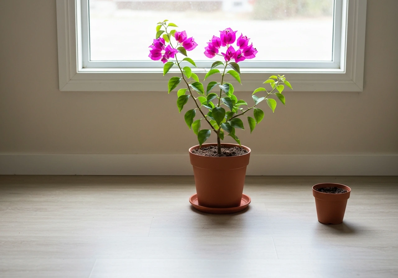 Bougainvillea in a sunny indoor window, with a smaller leafless pot nearby to suggest late overwintering.