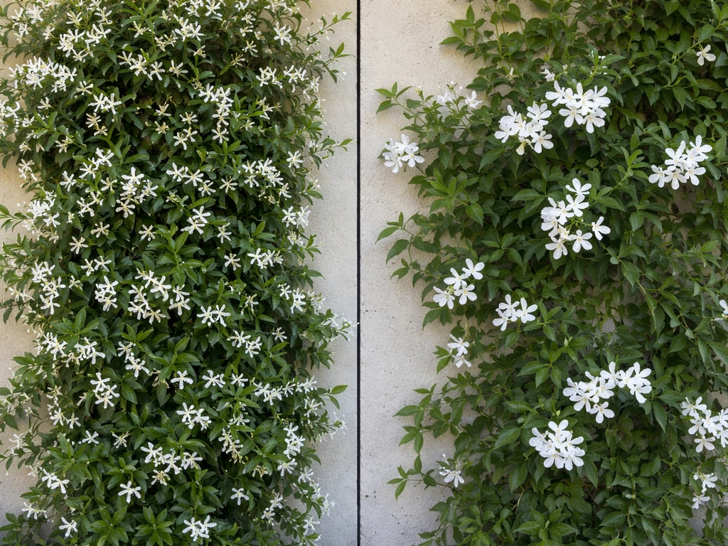 Two different jasmine climbers on a wall, showing distinct leaves and flowers in soft natural light.