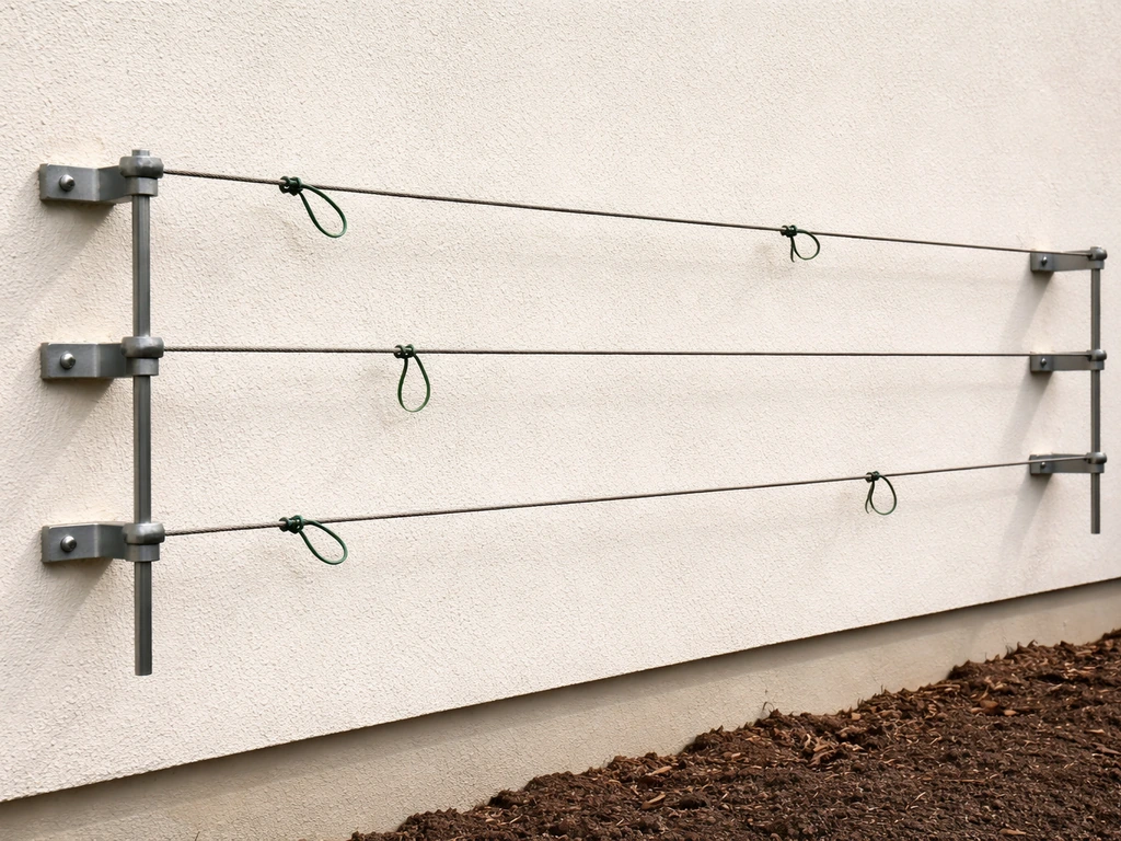 Close-up of a trellis/wires mounted on a wall with a 3–5 cm standoff gap for airflow.