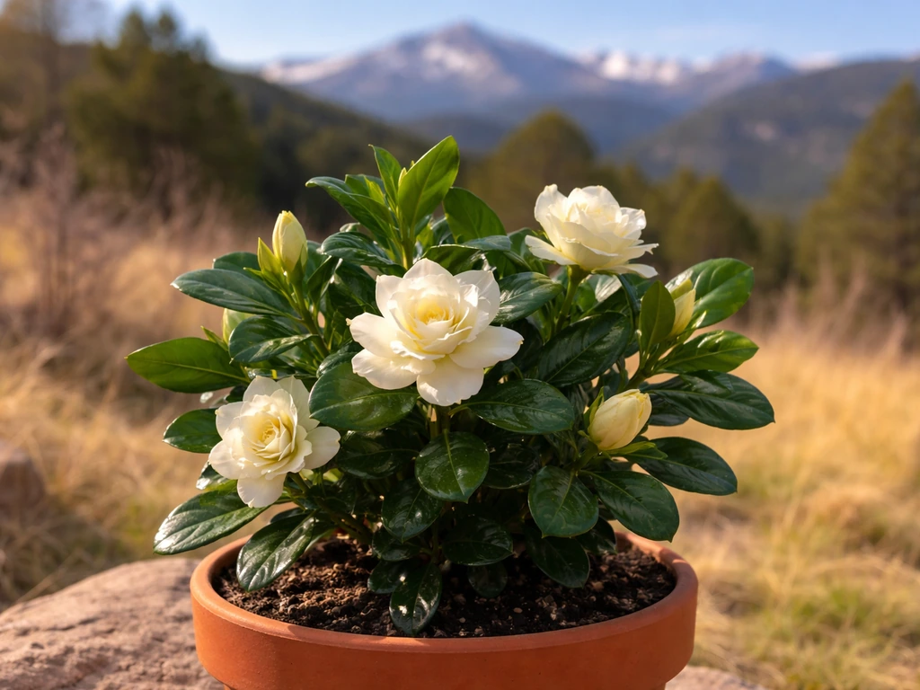 Gardenia plant with white blooms in a pot, with blurred Colorado mountains in the background.