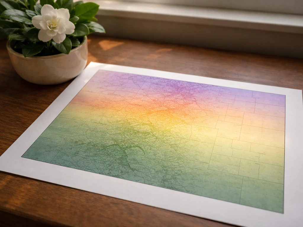 Colorado hardiness map on paper with a subtle highlighted band, beside a potted gardenia with white bloom.