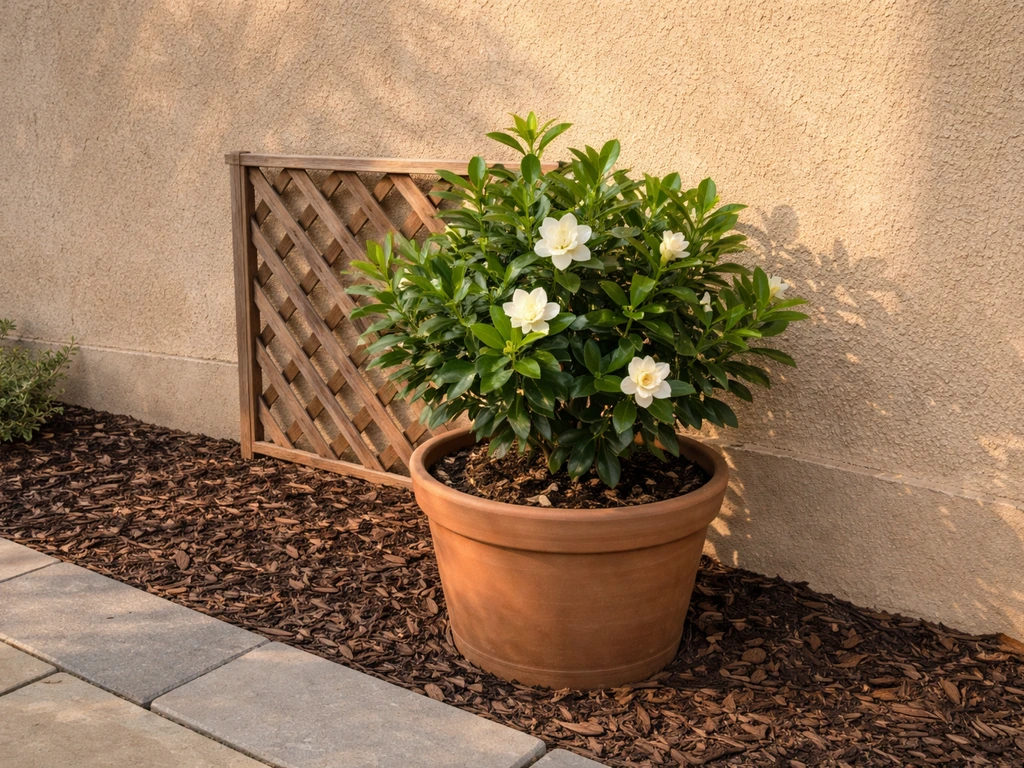 Gardenia shrub beside a warm south-facing wall with mulch and gentle airflow protection