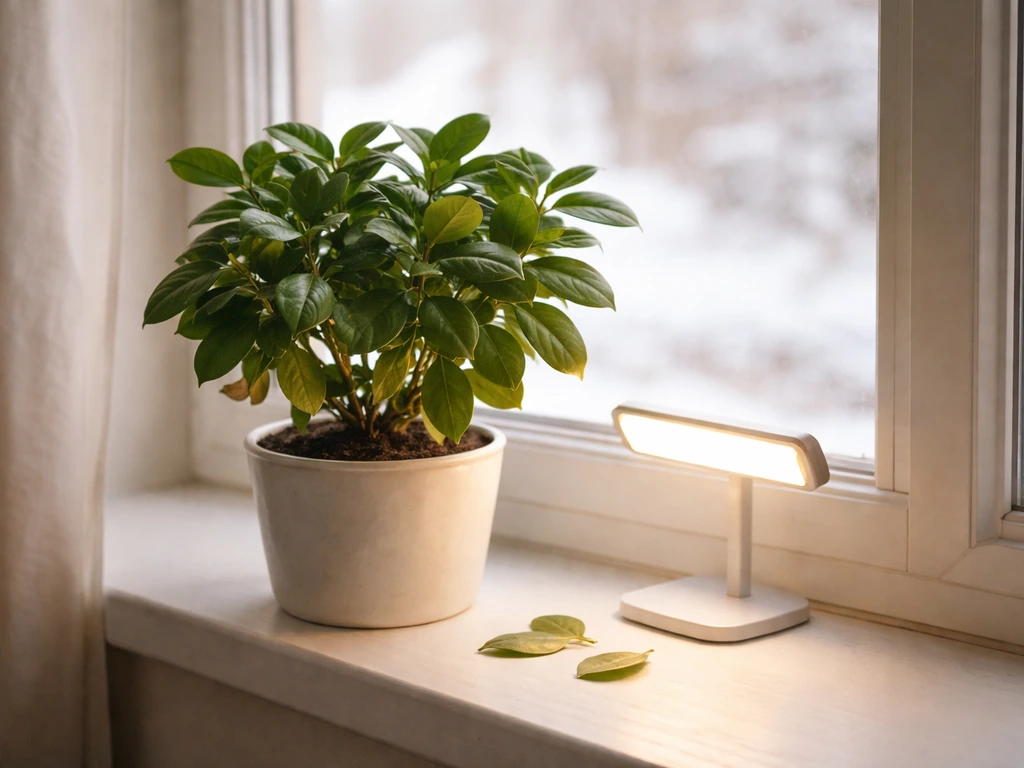 Potted gardenia by a bright window with soft supplemental grow light during winter indoors.