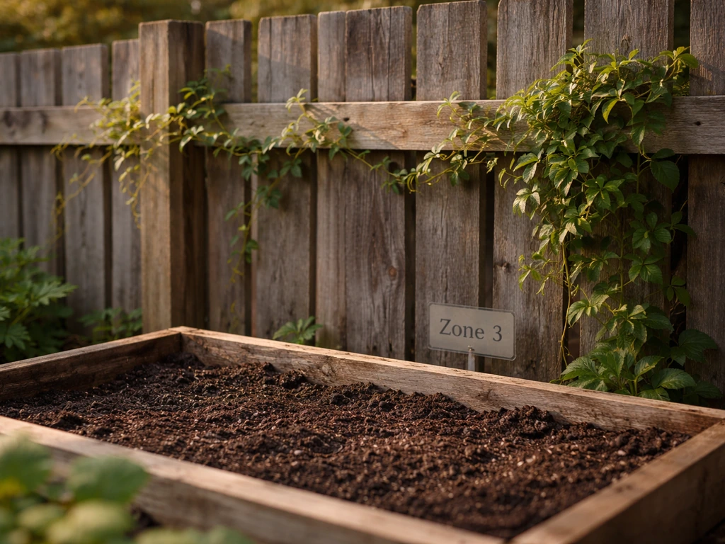 Minimal home garden with a small example zone range marker and honeysuckle-style vine near a fence