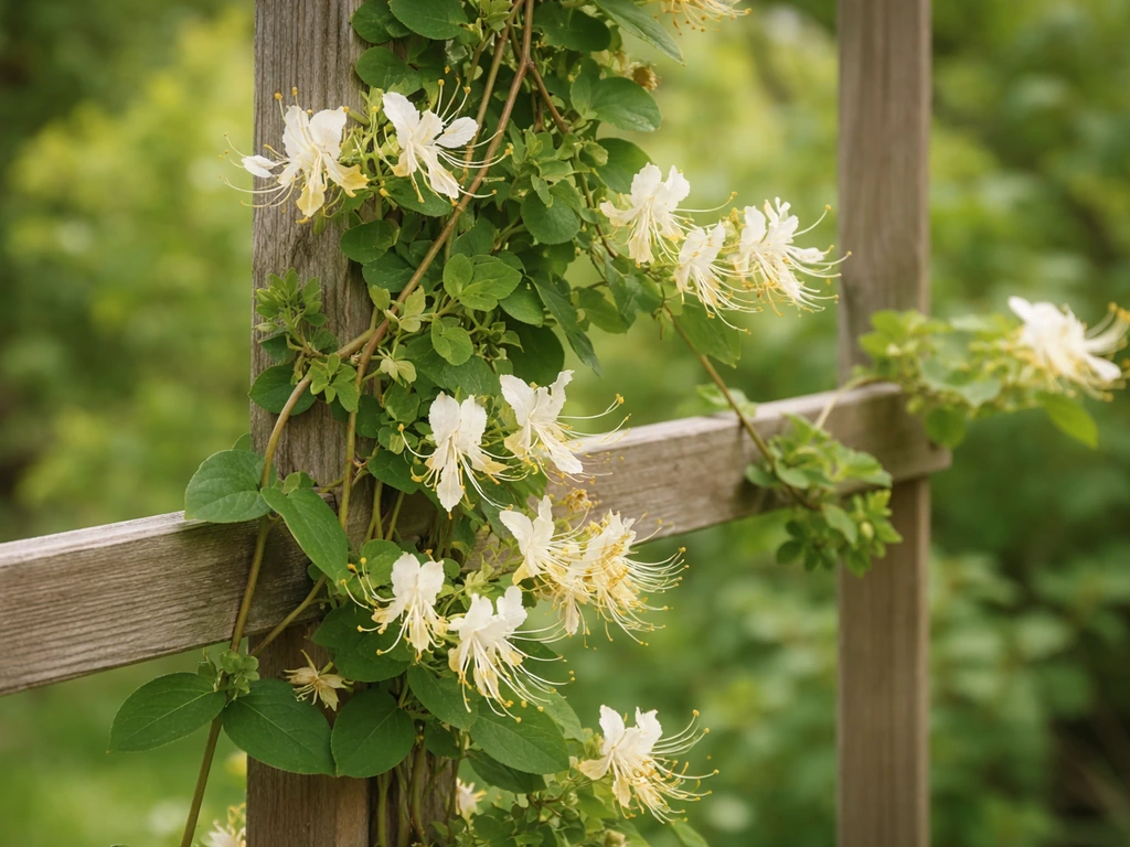 Japanese honeysuckle vine on a trellis with white blooms and developing seed pods