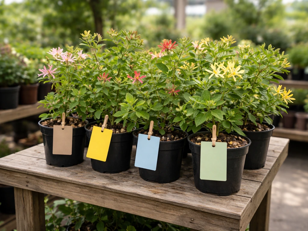 Garden center display with neatly arranged honeysuckle plants and different plant tags by region