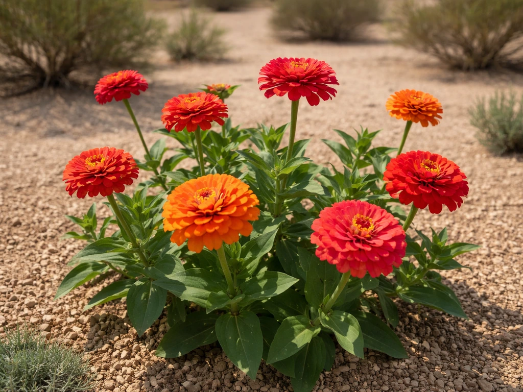 Vibrant zinnia flowers blooming in a sunny desert garden with dry mulch and arid landscaping