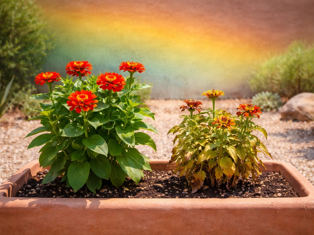 Healthy red-orange zinnia thriving next to a wilting zinnia in an Arizona garden bed.