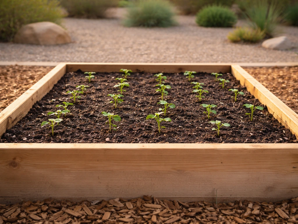 Low-desert backyard raised bed in Phoenix area with zinnia seedlings in early spring, soft morning light.