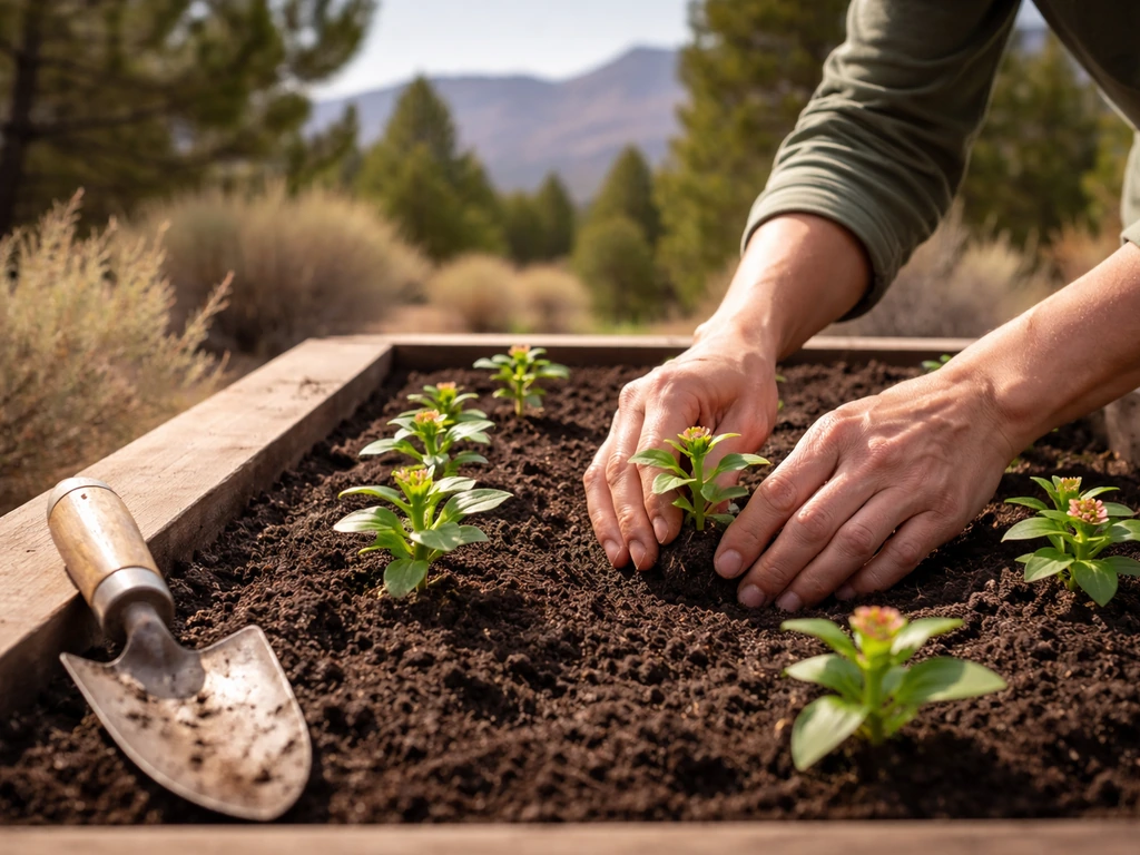 Hands plant zinnia seedlings in raised soil bed with desert mountains softly blurred behind.