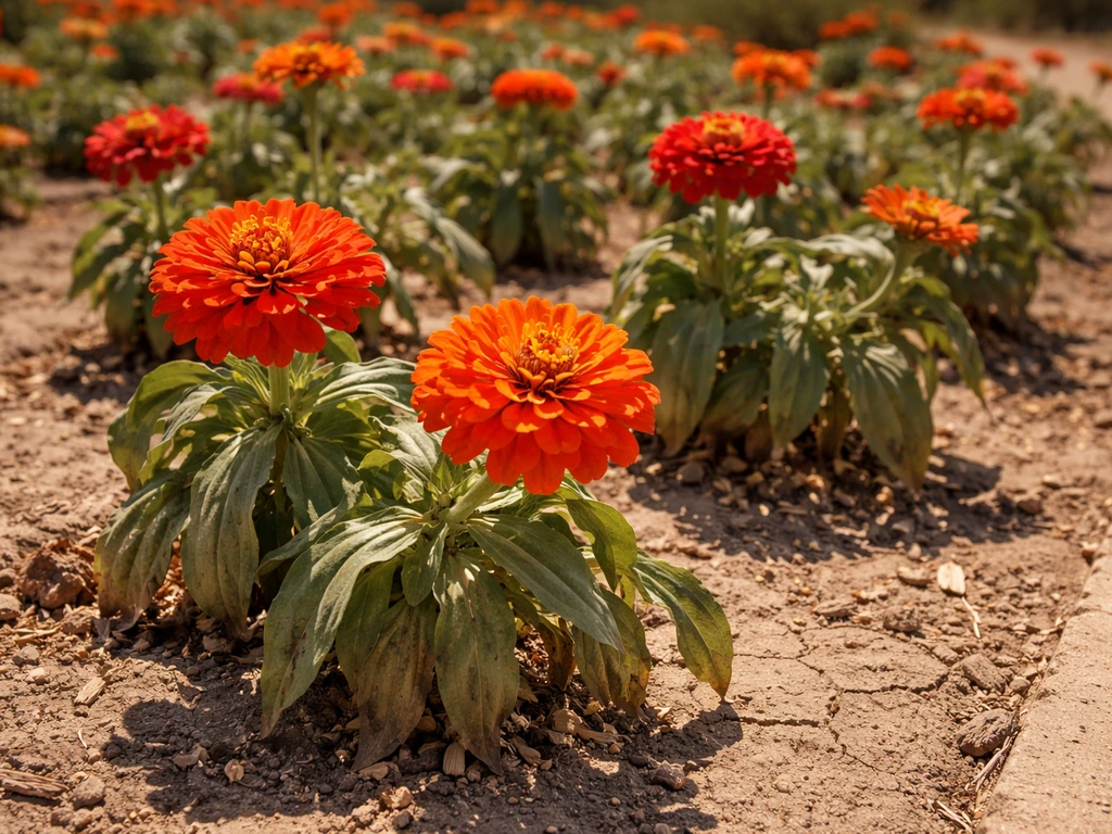 Close-up of zinnia flowers in bright full sun, showing dry soil and summer heat stress in a garden bed