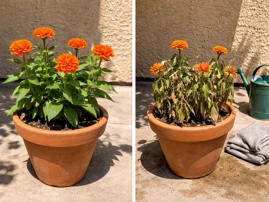 Two potted zinnias side by side: one healthy, one wilting with browned crispy leaf edges in hot Arizona summer light.