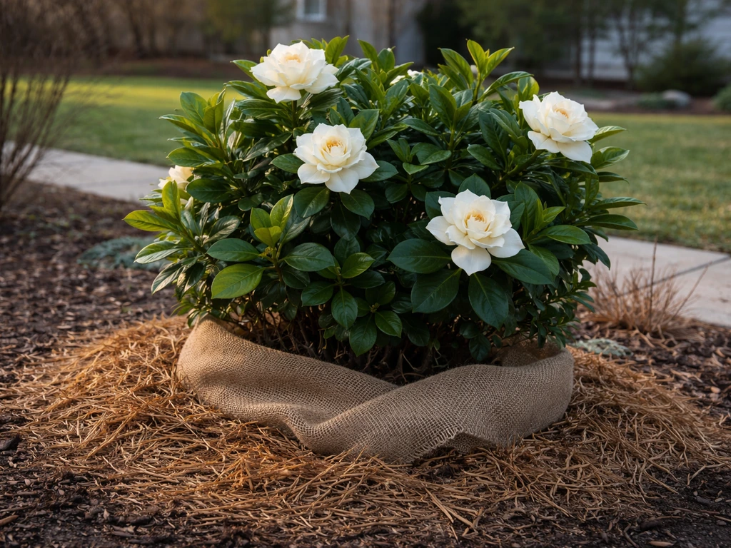 Blooming gardenia shrub in a mulch-covered garden bed with subtle winter protection in a Massachusetts yard.