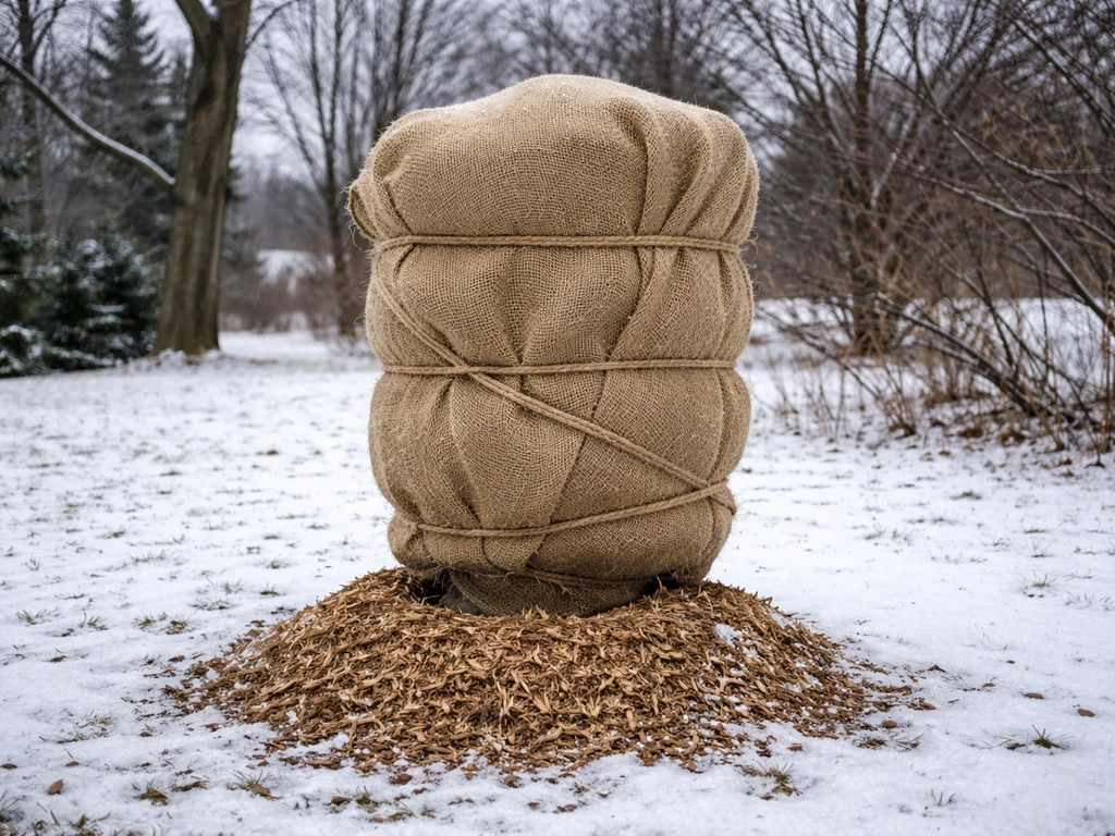Gardenia shrub wrapped in burlap and mulched for winter in a snowy Massachusetts-like yard.