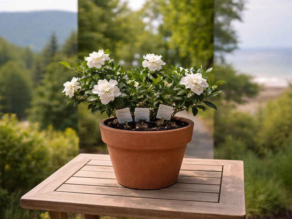 Gardenia blossoms in a terracotta pot with softly blurred backgrounds hinting different Massachusetts regions.