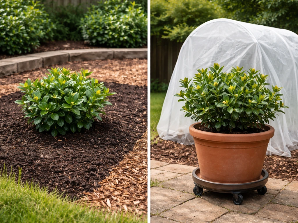 Gardenia in a raised mounded in-ground bed beside a wheeled container set up for winter