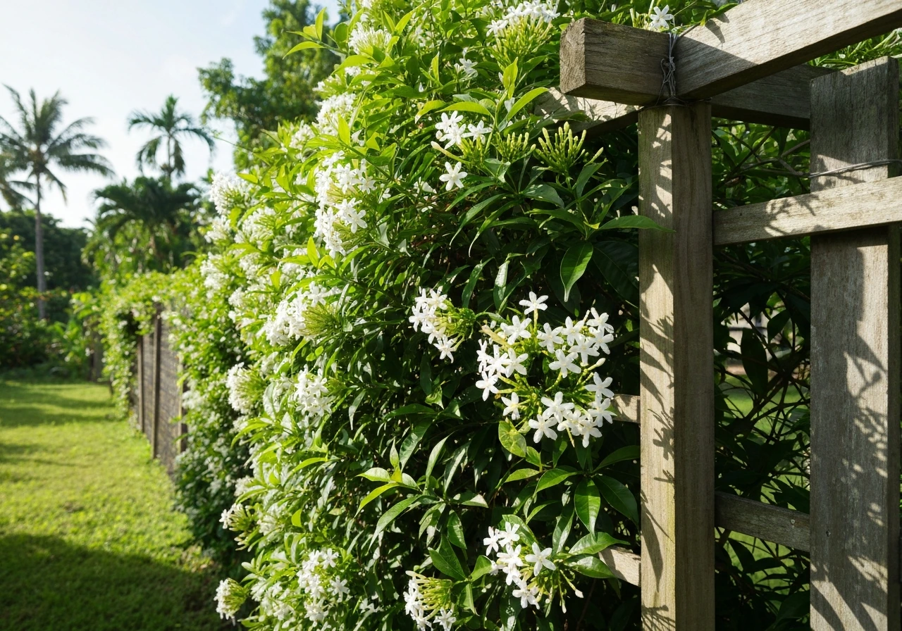 White jasmine and pikake vines with fragrant blooms climbing a trellis in a bright Hawaii garden
