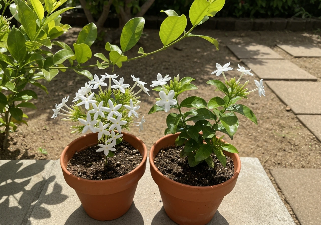 Two jasmine plants in a terracotta pot outdoors in Hawaii, showing star-like and Arabian-style white blooms.