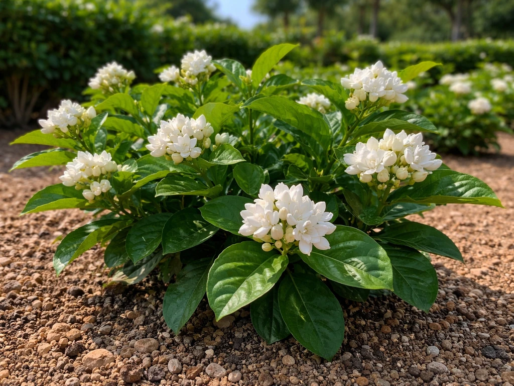Pikake jasmine blooming in a lowland Oahu garden bed with warm sunlight and lush greenery.