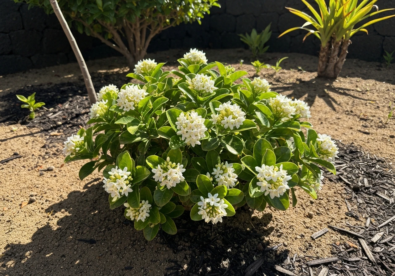 Sunlit pikake blossoms on a Kona-side garden bed in Hawaii, with lush green leaves nearby.
