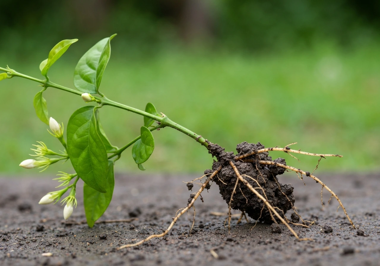 Close-up of jasmine leaves and a small uprooted stem with dark, waterlogged roots showing rot signs.
