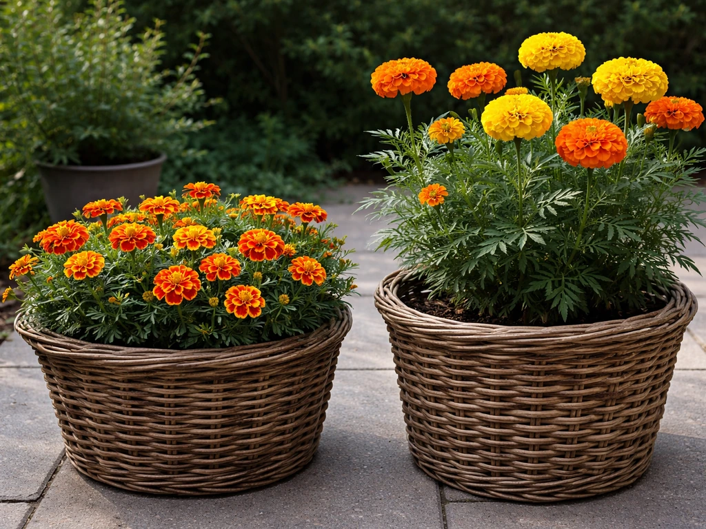 Two side-by-side marigold baskets showing compact French marigolds versus taller marigold types.