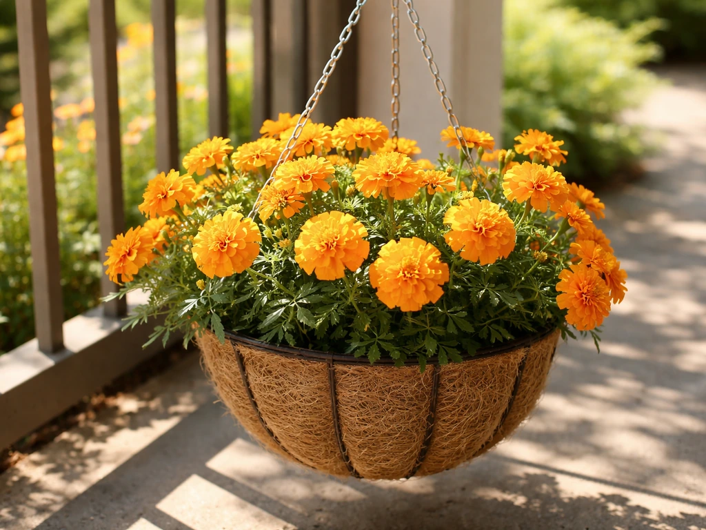 Orange marigolds in a hanging basket on a sunlit patio, receiving direct sunlight.