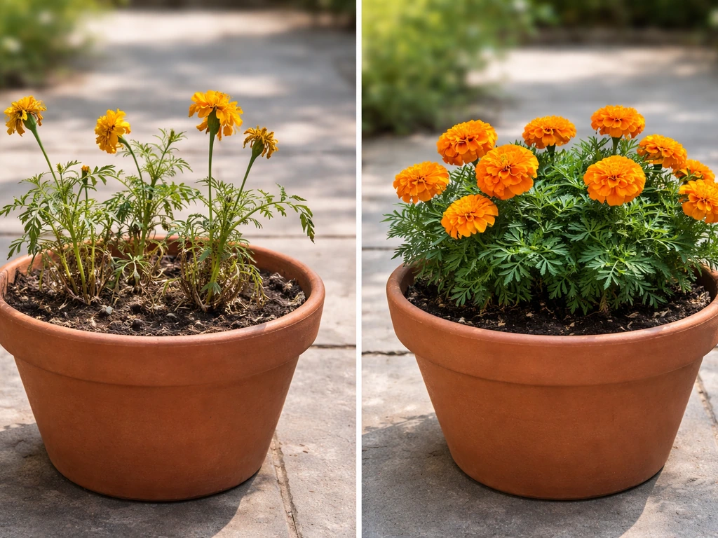 Two marigold baskets side-by-side: one leggy and heat-stressed, the other healthy with full blooms.