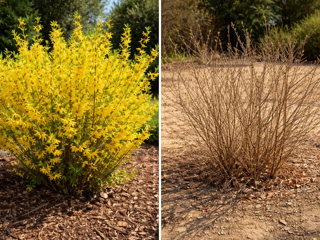 Split California garden scene: flowering forsythia thriving on one side, leafless struggling forsythia on the other.