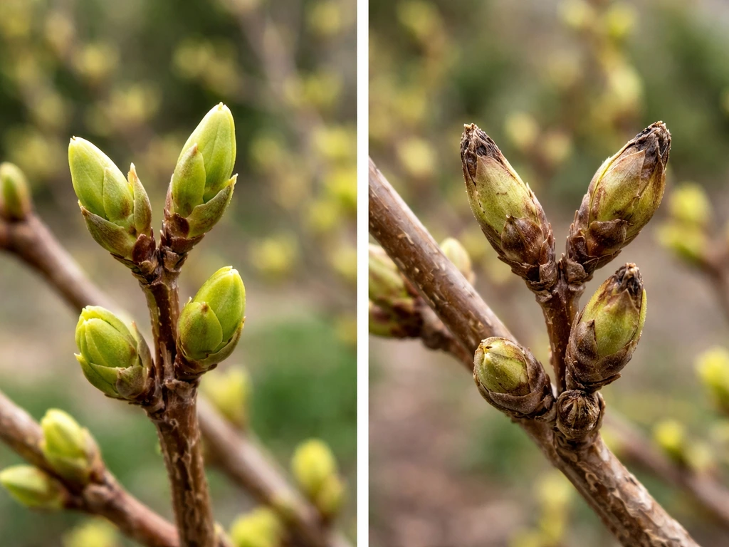 Close-up of forsythia buds showing healthy green buds next to winter-damaged browning buds.