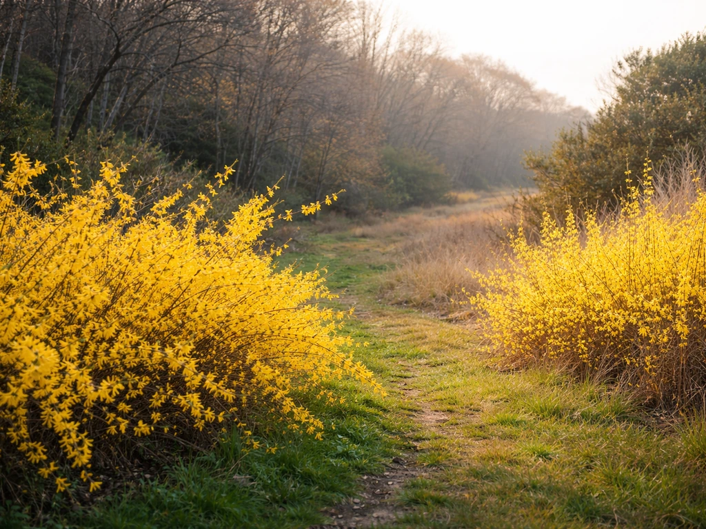 Forsythia blossoms in a minimal garden scene with cooler shade versus warmer light background contrast.