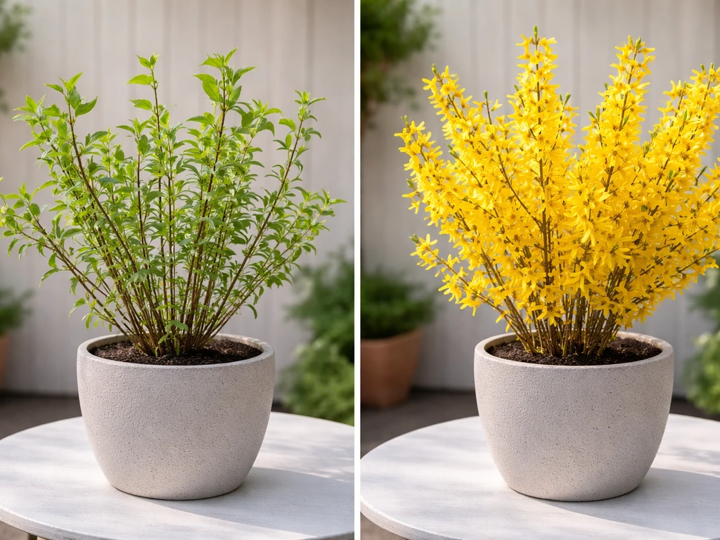 Split view of forsythia: left leafy but no flowers, right healthy bright yellow blooms.