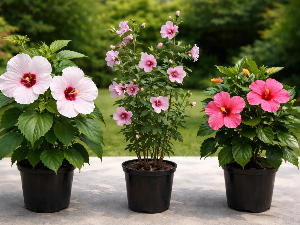 Three different hibiscus plants in separate pots side by side, showing distinct leaves and flowers.