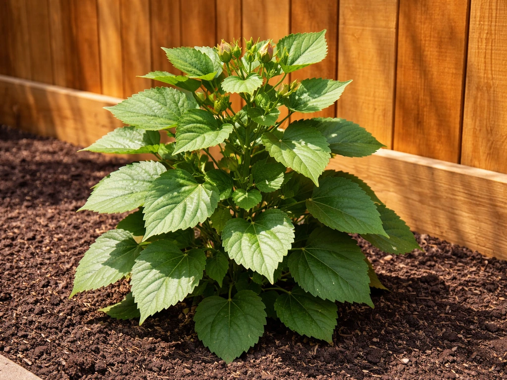 Hardy hibiscus planted in a sunny garden bed near a fence, suggesting reflected warmth in Minnesota.